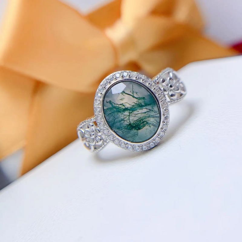 Jewelry Making University - แหวนเงินมอสพลอยโมราชุบทอง8*10มม. ธรรมชาติ925สำหรับผู้หญิงเครื่องประดับงานหมั้นแต่งงาน