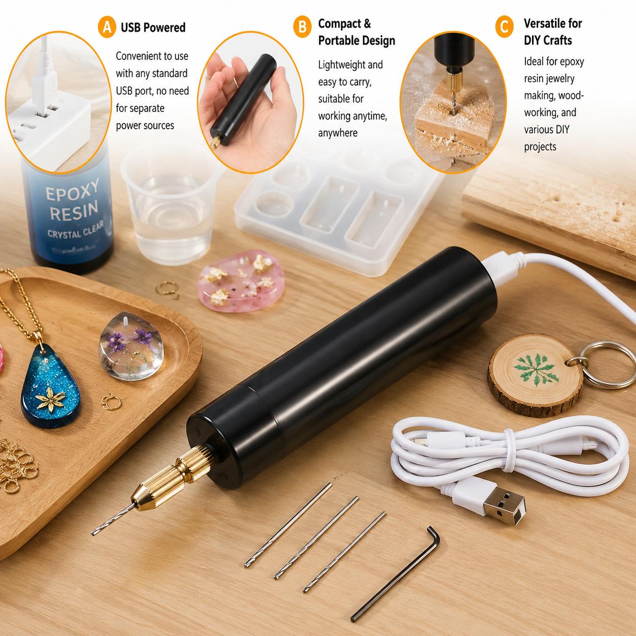 Jewelry Making Kit Professional - สว่านไฟฟ้าขนาดเล็กแบบพกพา ใช้พลังงานจาก USB เครื่องมือโรตารี่ไร้สาย ปากกาแกะสลักสำหรับงานเรซิ่นอีพ็อกซี่ ทำเครื่องประดับ
