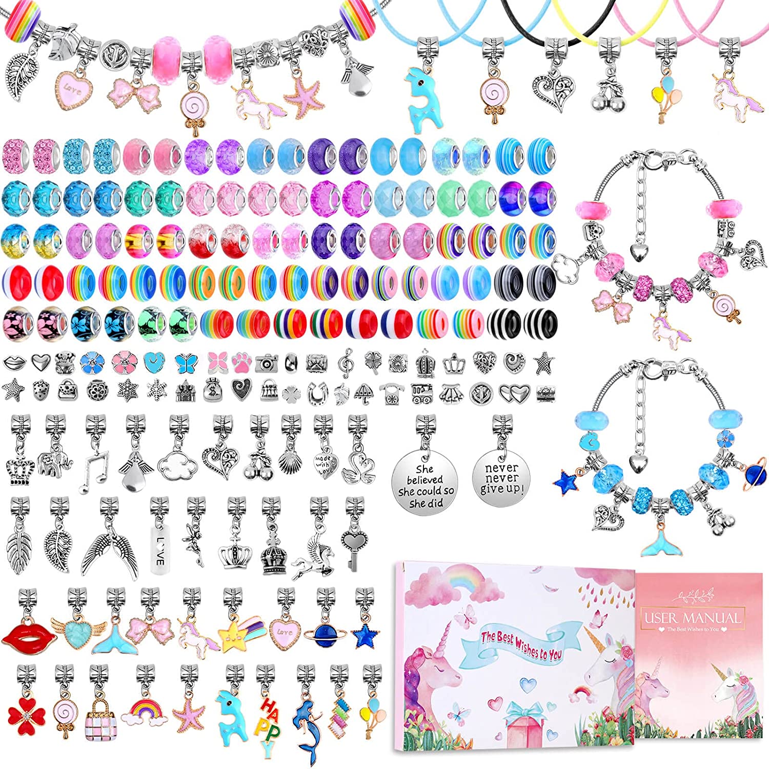 Jewelry Making Kit For Kids - ชุดทำสร้อยข้อมือเสน่ห์อุปกรณ์ทำเครื่องประดับ DIY ลูกปัดงานฝีมือนางเงือกยูนิคอร์นชุดของขวัญแฮนด์เมดสำหรับเด็กผู้หญิงวัยรุ่น