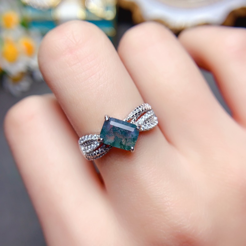 Jewelry Making University - Luxyimagic หินธรรมชาติมอสอาเกตสำหรับผู้หญิง925เงินเครื่องประดับหรูหราอัญมณีสี่เหลี่ยมผืนผ้าของขวัญแต่งงานหมั้นสำหรับเธอ