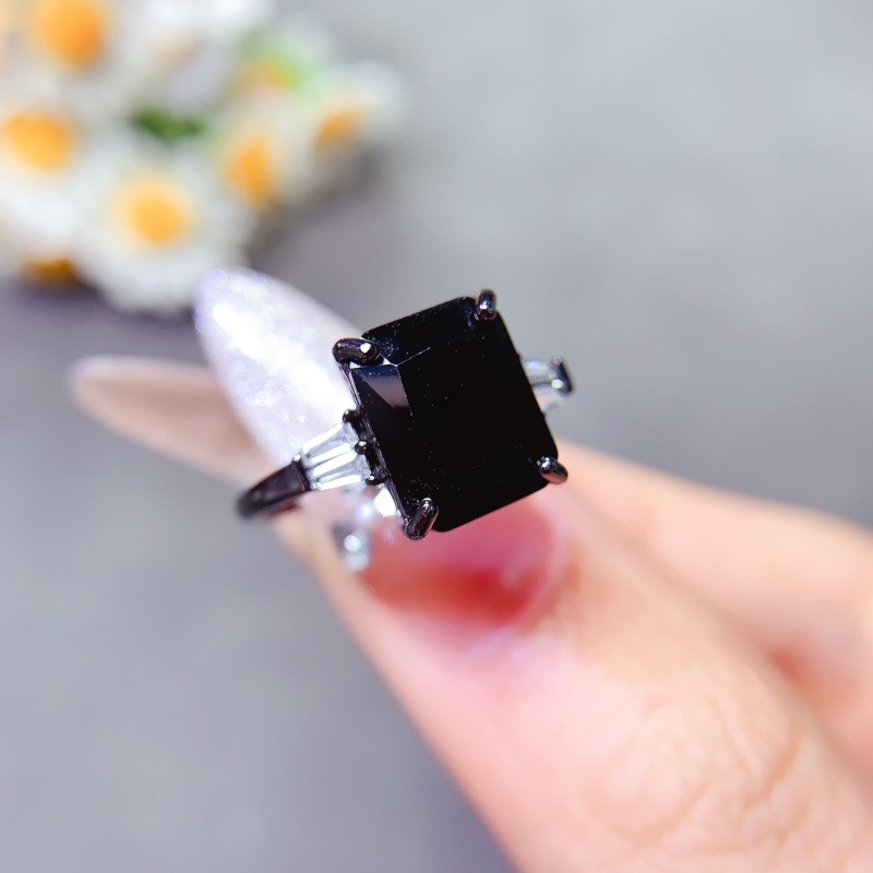 Jewelry Making University - ธรรมชาติสี่เหลี่ยมผืนผ้าสีดํา Spinel แหวนผู้หญิงเครื่องประดับทําแหวนเงินขายส่งเงิน 925